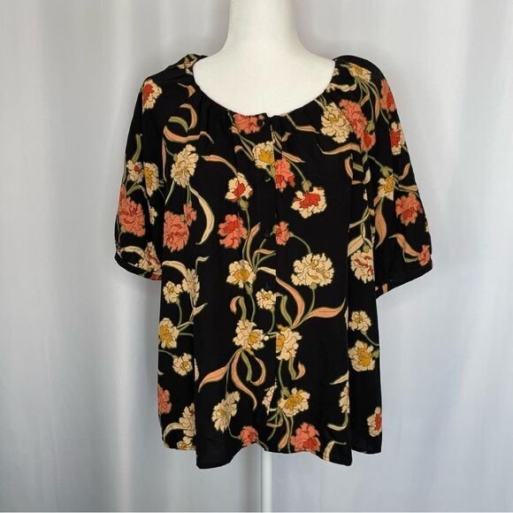 DR2 Black Floral Short Sleeve Button Down Top size XL - Picture 1 of 8